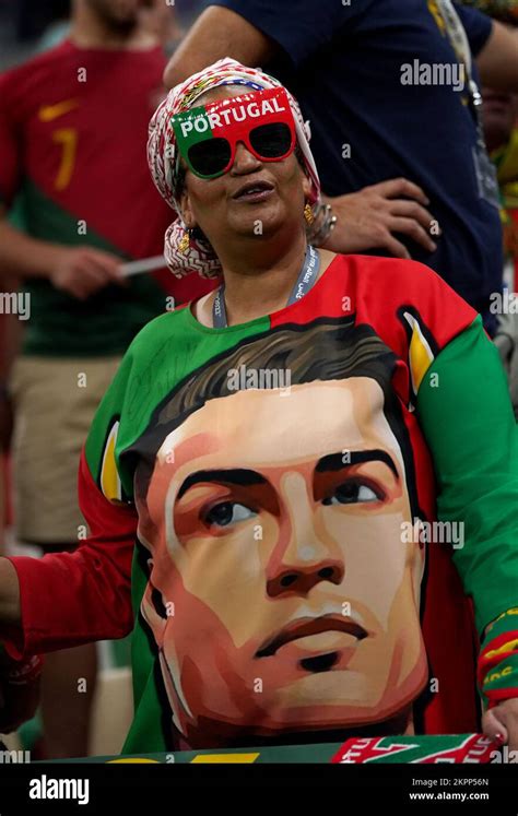 A Portugal fan wearing a Cristiano Ronaldo top in the stands before the ...