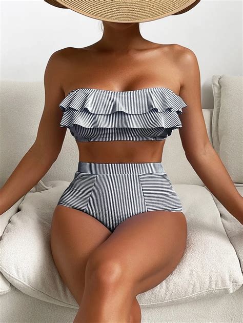 Shein Swim Summer Beach Textured Bikini Set Ruffle Trim Bandeau Wireless Bra High Waist Bikini