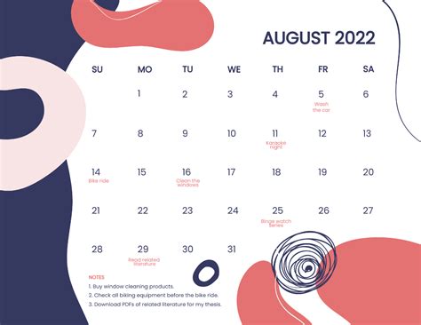 Free Aesthetic August 2022 Calendar Template To Edit Online