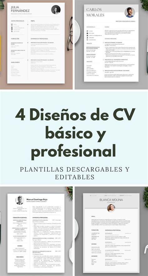 4 Diseños de CV básico y profesional Plantillas curriculum