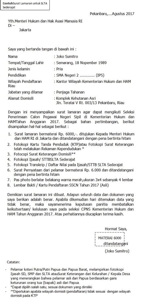 Contoh Surat Lamaran Cpns Kemenkumham 2019 Delinewstv