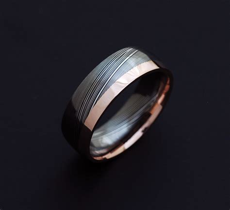 Genuine Stainless Damascus Steel And Rose Gold Mens Ring Pd84 Etsy