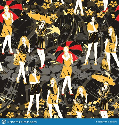Seamless Pattern With Beautiful Young Women Abstract Lines And Graphic