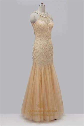 Strapless Beaded Long Mermaid Prom Dress Champagne Mermaid Prom Dress