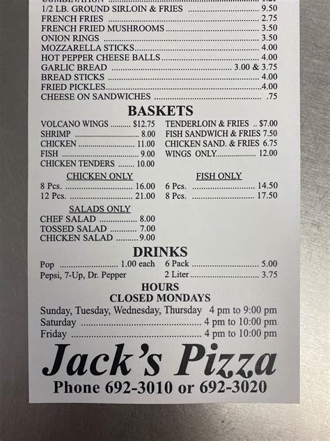 Menu at Jack's Pizza pizzeria, Delphos