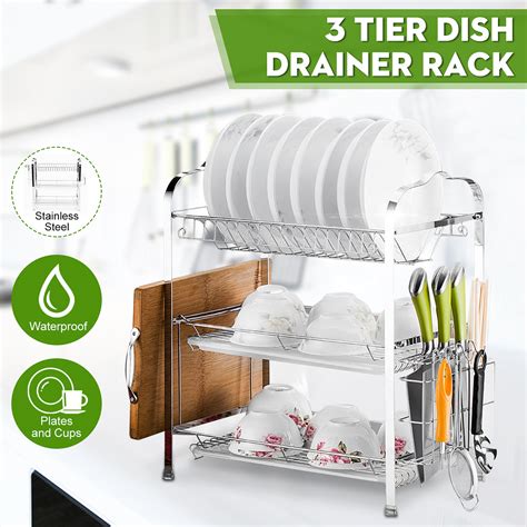 Dish Drying Rack 3 Tier Chrome Plating Dish Rack Stainless Steel Kitchen Dish Drainer Rack