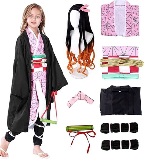 Heionia 9pcs Nezuko Cosplay Costume Wig Demon Anime Kimono Nezuko Dress