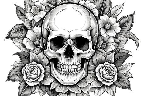 Premium Photo Human Skull In A Flower Frame Woodcut Style Vector