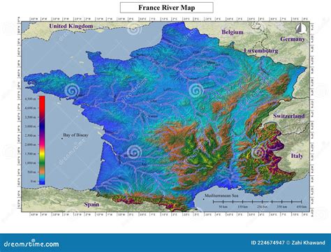 France River Map with Topography Stock Illustration - Illustration of ...