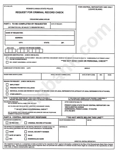 Form Sp 4 164 Pennsylvania State Police Request For Criminal Record