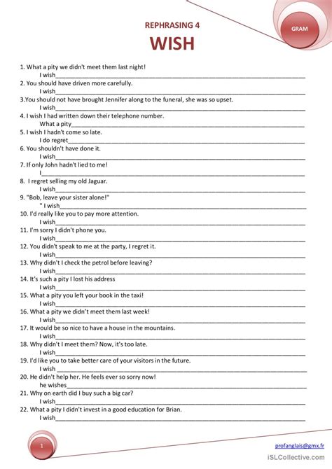 Rephrasing 4 Wish Sentence Transfor English Esl Worksheets Pdf And Doc