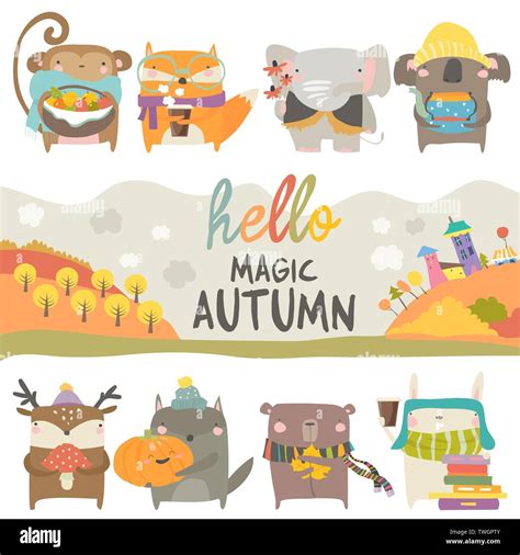 Set of cute animals with autumn theme on white background Stock Vector ...