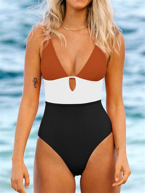 Women′s One Piece Swimsuit Color Block Keyhole Cutout Bathing Suit