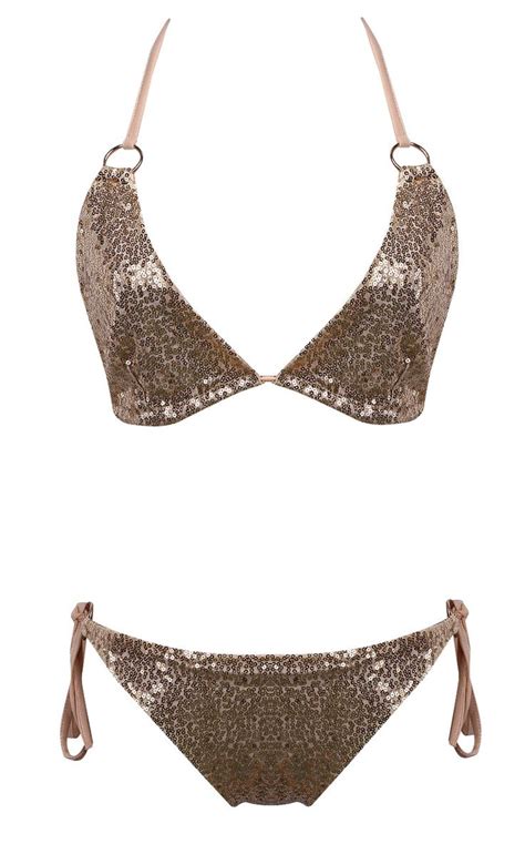 Newest Design Gold Sequins Women Push Up Padded Bra Bandage Bikini Set