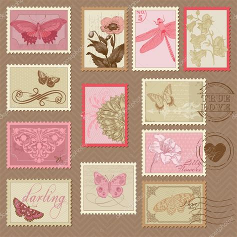 Sellos Postales Retro Con Mariposas Y Flores Para Boda Vector