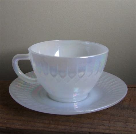 Federal Glass Teacup And Saucer Set White Pearl Etsy Glass Tea Cups