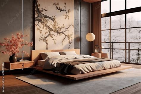 Modern Luxury Japandi Style Bedroom With Wooden Bed Blanket And