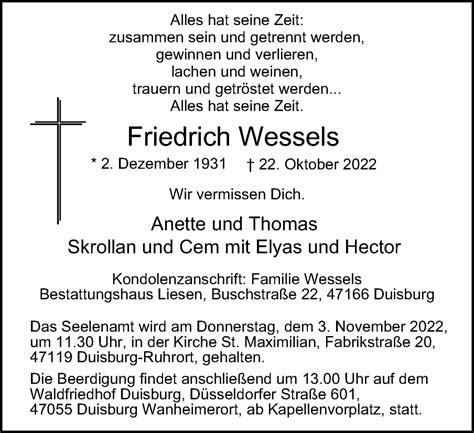 Traueranzeigen Von Friedrich Wessels Trauer In NRW De