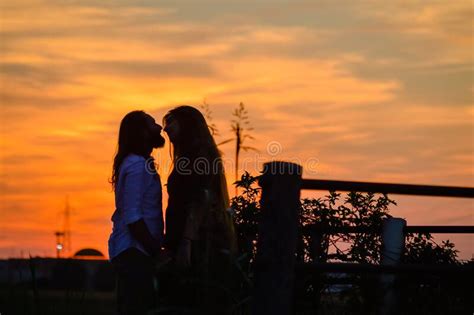 Silueta De Una Joven Pareja Amorosa Bes Ndose Al Atardecer En El Campo