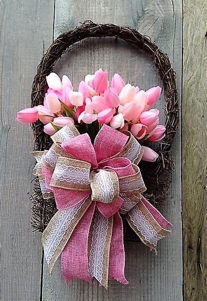 Spring Tulip Basket Door Wreath Pink Tulip Wreath White Tulip Wreath