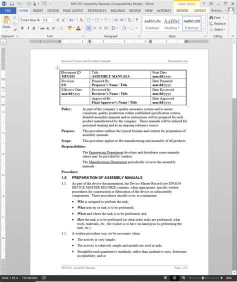 Assembly Manuals Procedure Template Word