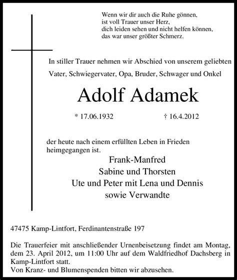 Traueranzeigen Von Adolf Adamek Trauer In Nrw De