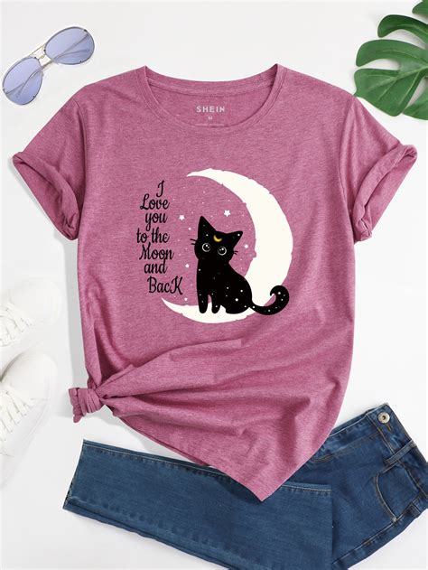 SHEIN LUNE Camiseta Con Estampado De Gato Y Luna Moda De Mujer