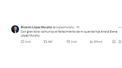 Murió la hija de Ricardo López Murphy el mensaje del diputado en redes