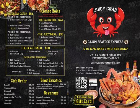 Menu Fayetteville Ncs Juicy Crab Sirved