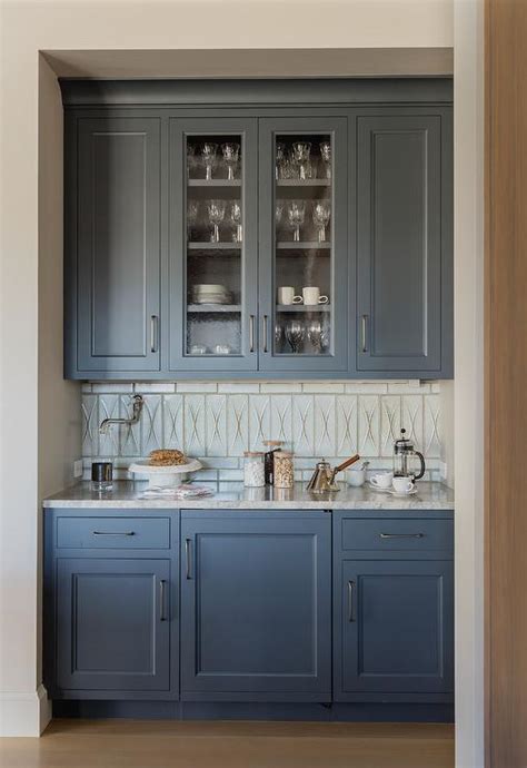 Blue Pantry Cabinets With Light Blue Glass Backsplash Tiles Transitional Kitchen