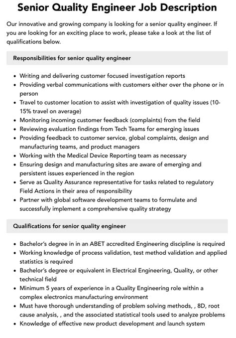 Senior Quality Engineer Job Description Velvet Jobs