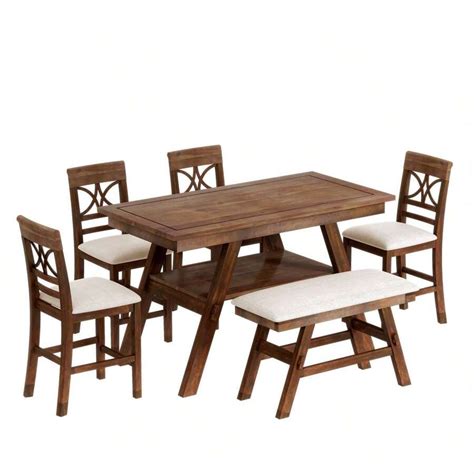 6 Piece Counter Height Dining Table Set With Upholstered Chairs Rectangular Table With Bench