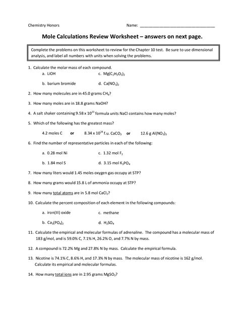 Free Printable Mole Calculation Worksheets - Worksheets Library