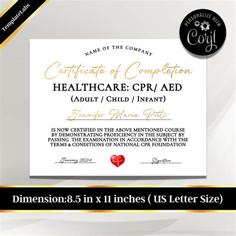 Cpr Certificate Cpr Training Certificate Editable Etsy