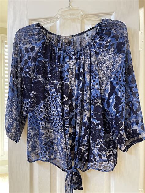 Roz Ali Sheer Navy Blue Print Blouse Size Xl Euc Ebay