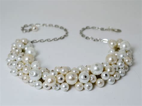 Pearl Cluster Necklace White And Ivory Pearl Necklace Cream Etsy