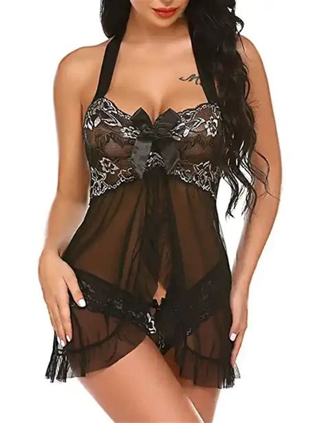 Women S Plus Size Sexy Lingerie Cardigan Temptation Neck Nightdress Tulle Lace Sexy Pajamas