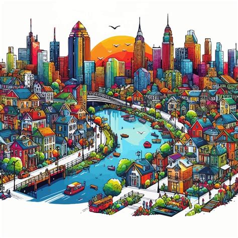 Un dibujo de una ciudad con un río y una ciudad en el fondo Vector