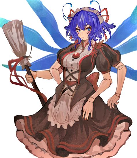 Safebooru 1girl Absurdres Antennae Arthropod Girl Blue Hair Breasts Broom Closed Mouth