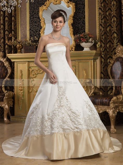 Two Tone Strapless Satin Wedding Gown With Embroidery Wedding Dresses