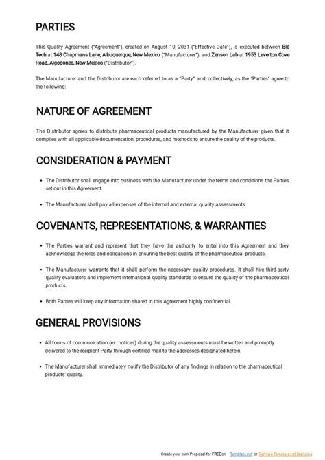 Quality Agreement Template