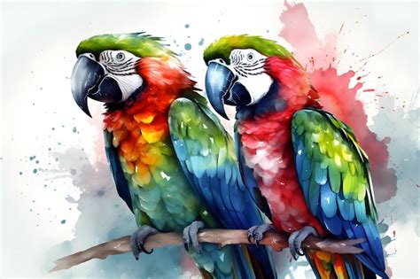 Dos loros coloridos sentados en una rama con un toque de pintura detrás