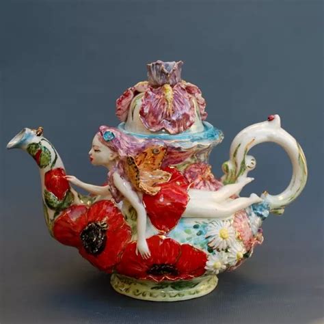 Beautiful Teapot Flower Fairy Figurine Irises Poppies Flower Inspire Uplift Fairy Figurines