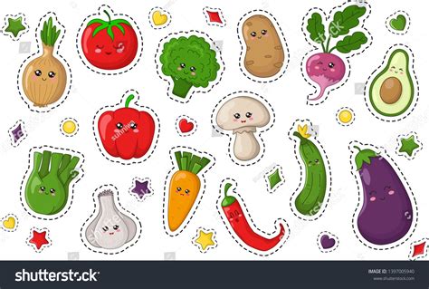 Set Kawaii Sticker Patch Food Vegetables Stock Vector Royalty Free