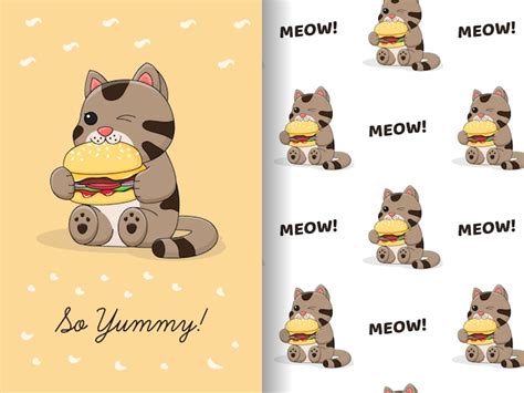 Premium Vector Cute Cat Eat Burger Bundle Pattern And Card