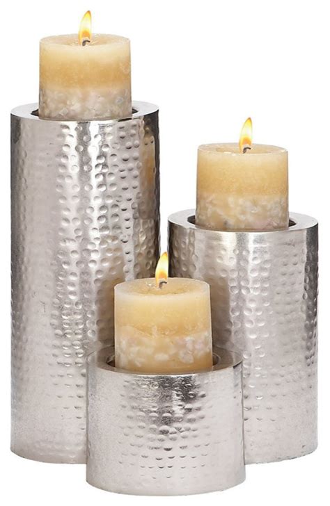 Antiqued Metal Glass Candle Holder Set Of 3 Benzara Contemporary