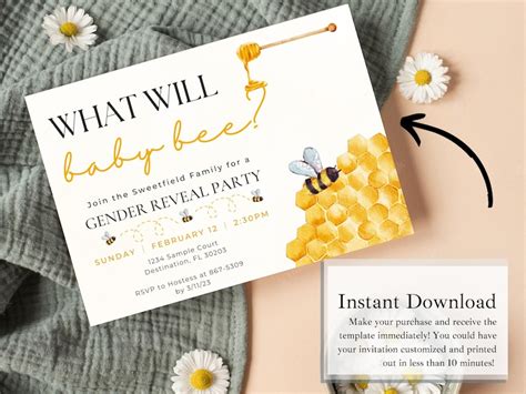 Editable Bee Gender Reveal Invitation What Will Baby Bee Invitations