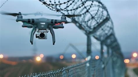 Surveillance Drone Flying over Security Fence at Sunset employing ...