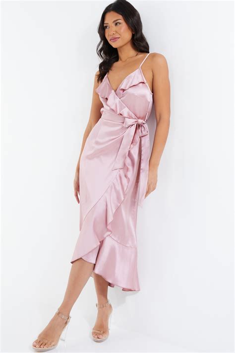 Pink Satin Wrap Frill Midi Dress