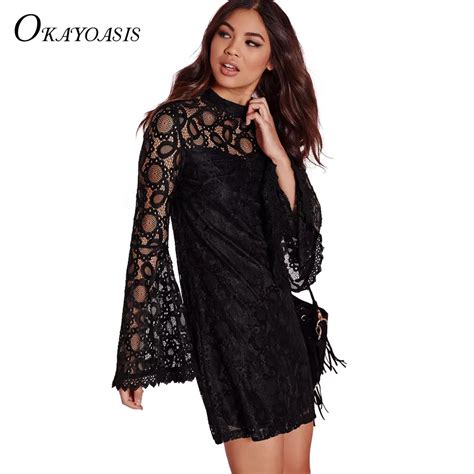 Okayoasis Floral Lace Black Mini Dress Vintage Women Flare Sleeve